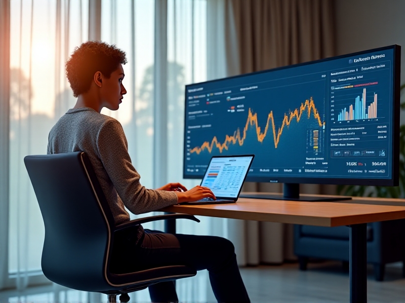 A professional in a modern office setting analyzing data on a laptop, with charts and graphs displayed on a large monitor in the background, showcasing market trends and competitor pricing.